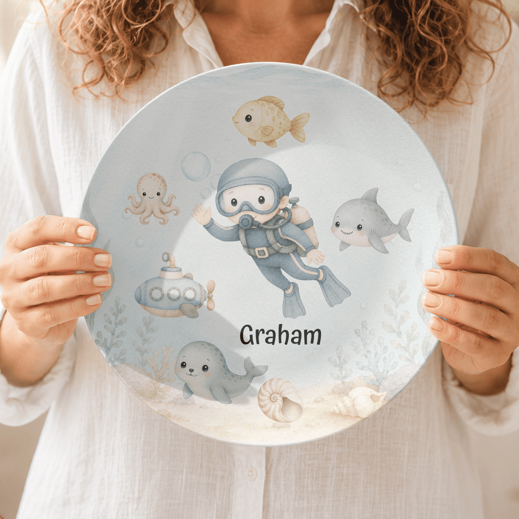 Build-Your-Own Under the Sea Plate — Personalized Kids Plate with Scuba Diver & Name by Lil Plate Shop