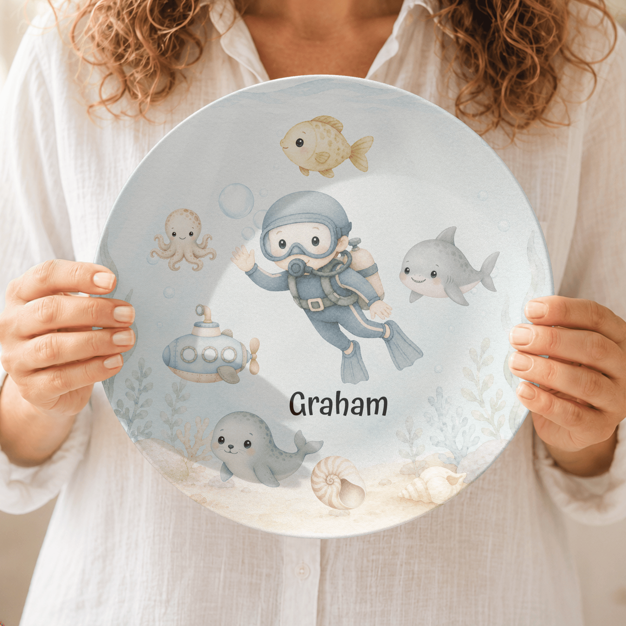 Build-Your-Own Under the Sea Plate — Personalized Kids Plate with Scuba Diver & Name by Lil Plate Shop