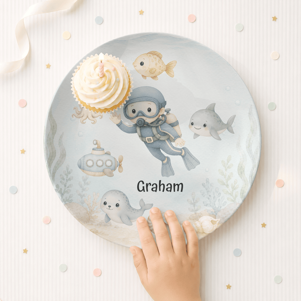 Build-Your-Own Under the Sea Plate — Personalized Kids Plate with Scuba Diver & Name by Lil Plate Shop
