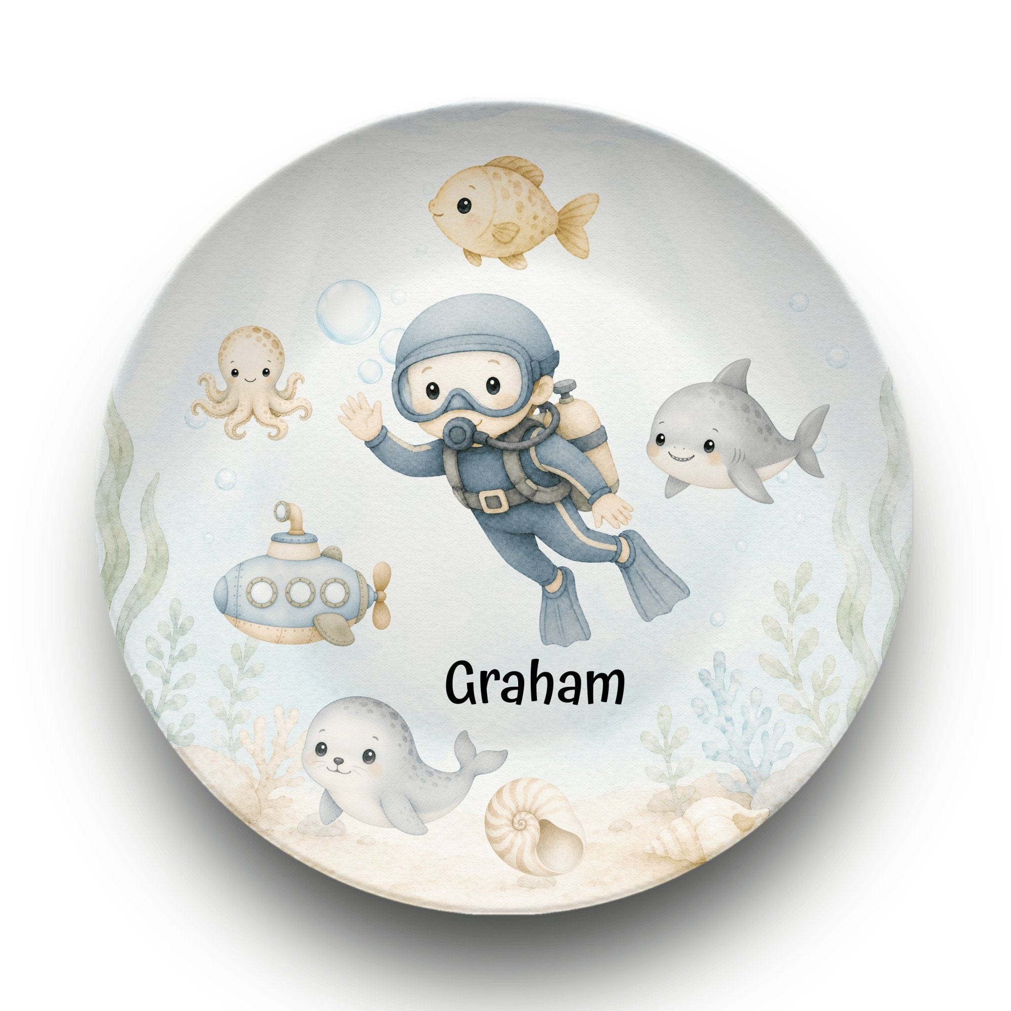 Build-Your-Own Under the Sea Plate — Personalized Kids Plate with Scuba Diver & Name Plate by Lil Plate Shop