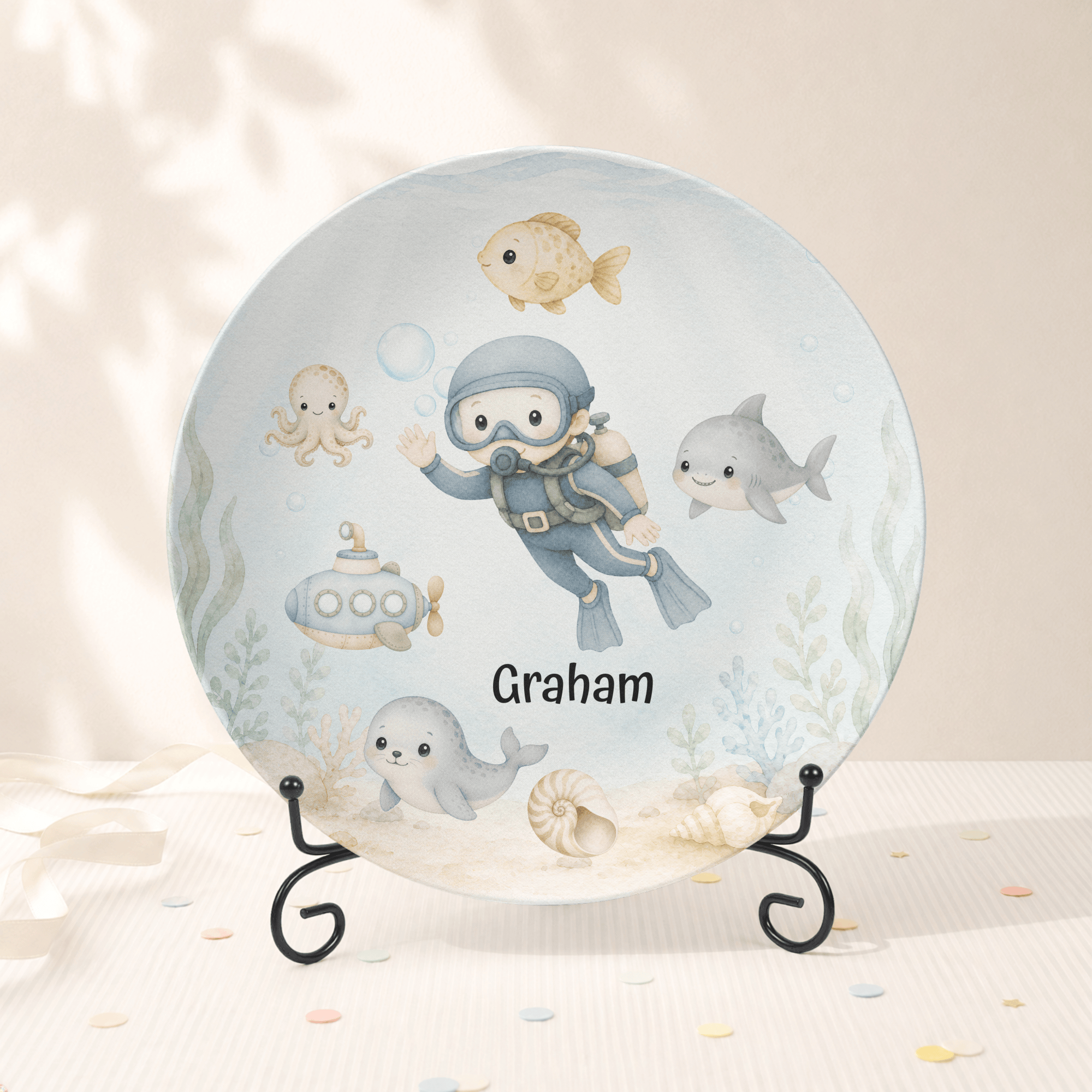 Build-Your-Own Under the Sea Plate — Personalized Kids Plate with Scuba Diver & Name Plate With Stand by Lil Plate Shop