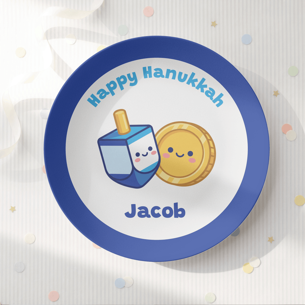Personalized Hanukkah Plate | Cute Dreidel & Gelt Kids Plate by Lil Plate Shop