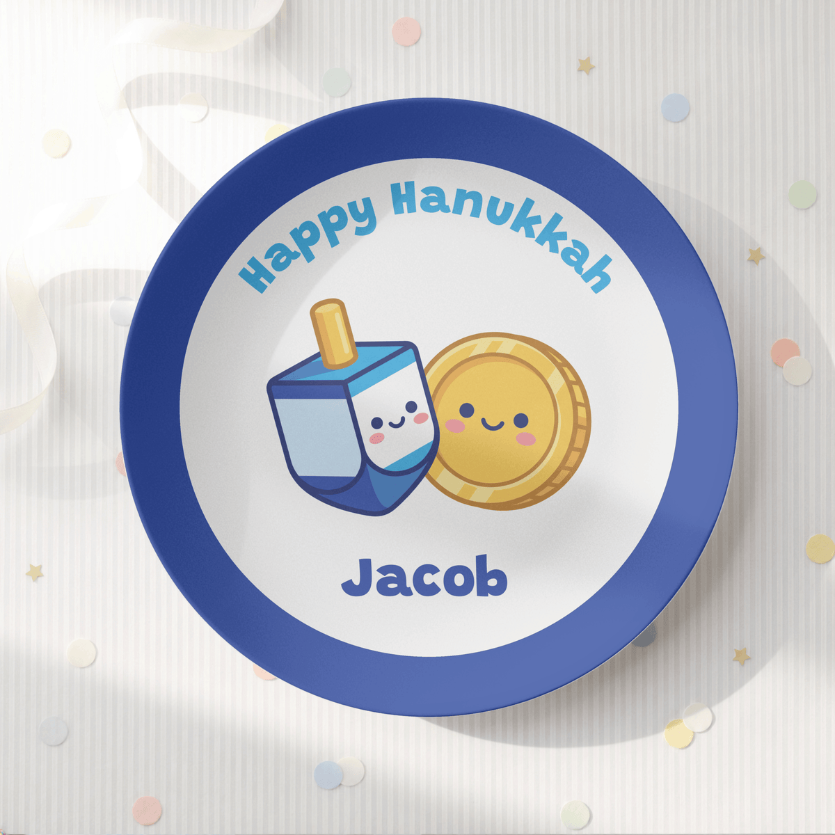 Personalized Hanukkah Plate | Cute Dreidel & Gelt Kids Plate by Lil Plate Shop