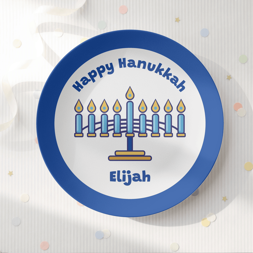 Personalized Menorah Hanukkah Plate | Classic Blue Rim Kids Chanukah Plate by Lil Plate Shop