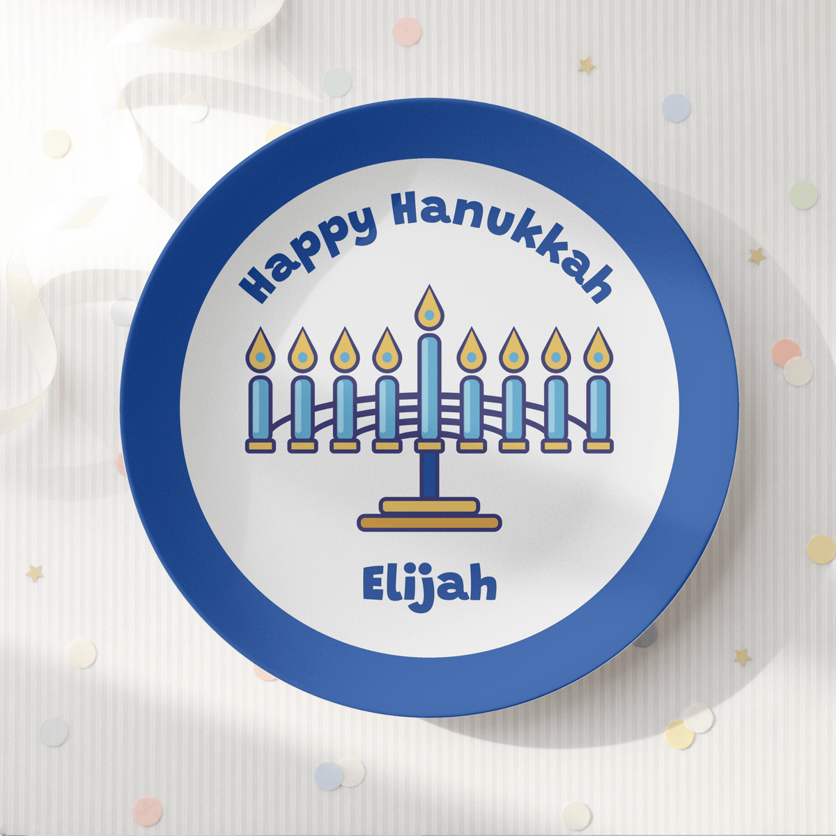 Personalized Menorah Hanukkah Plate | Classic Blue Rim Kids Chanukah Plate by Lil Plate Shop