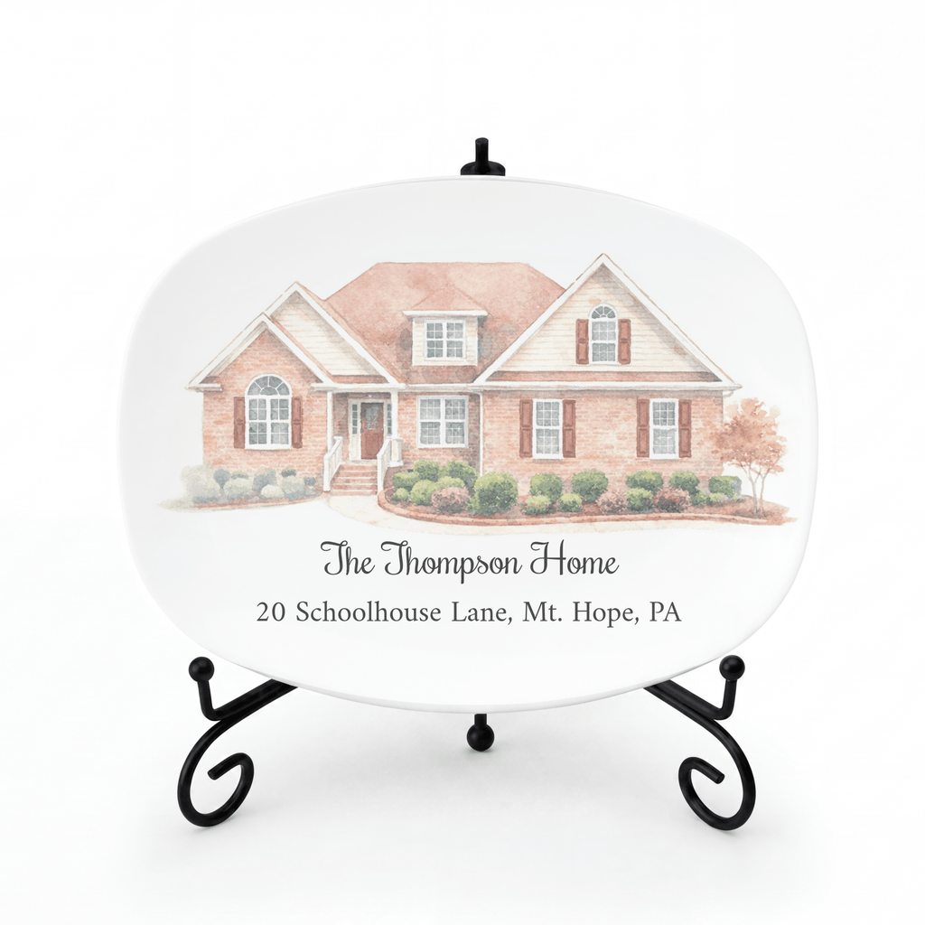 Custom Watercolor Home Portrait Platter Platter + Stand + Gift Box by Lil Plate Shop