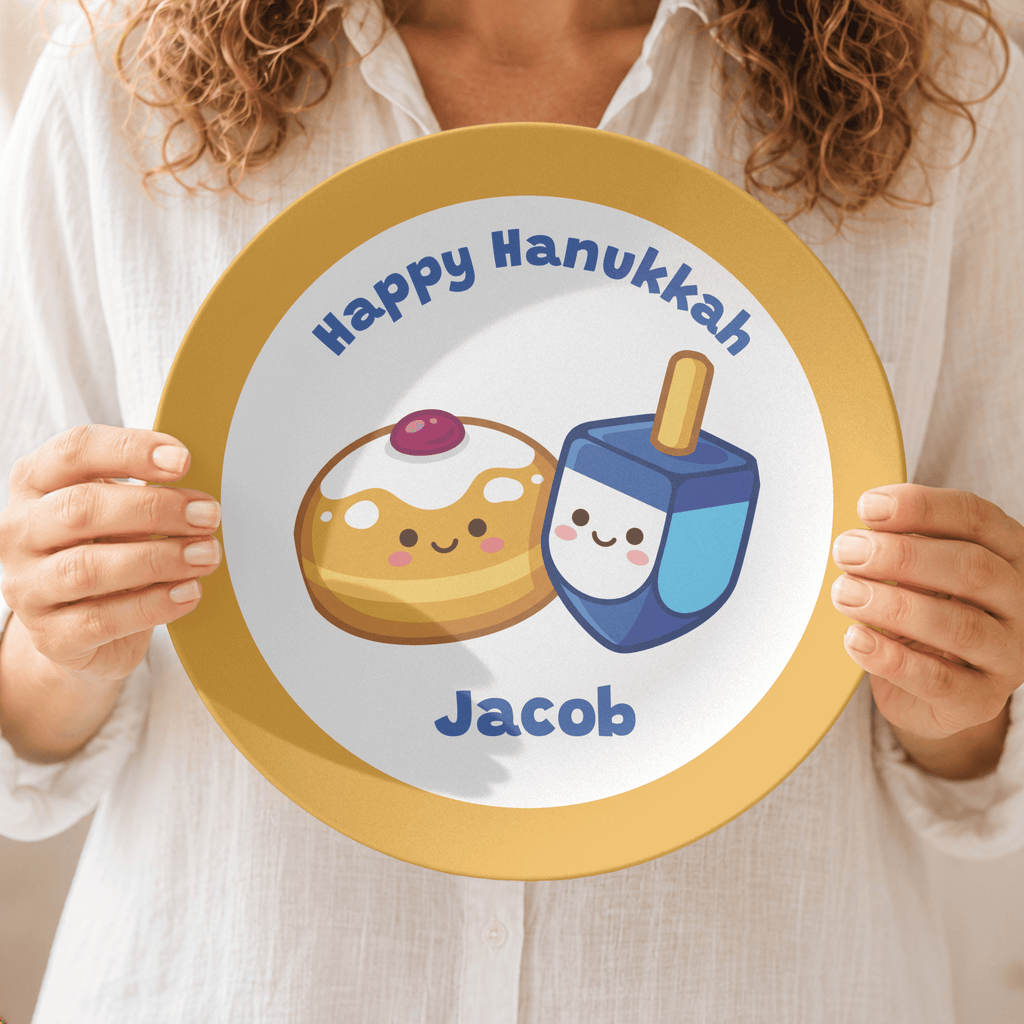 Personalized Hanukkah Plate | Cute Sufganiyah & Dreidel Kids Plate by Lil Plate Shop