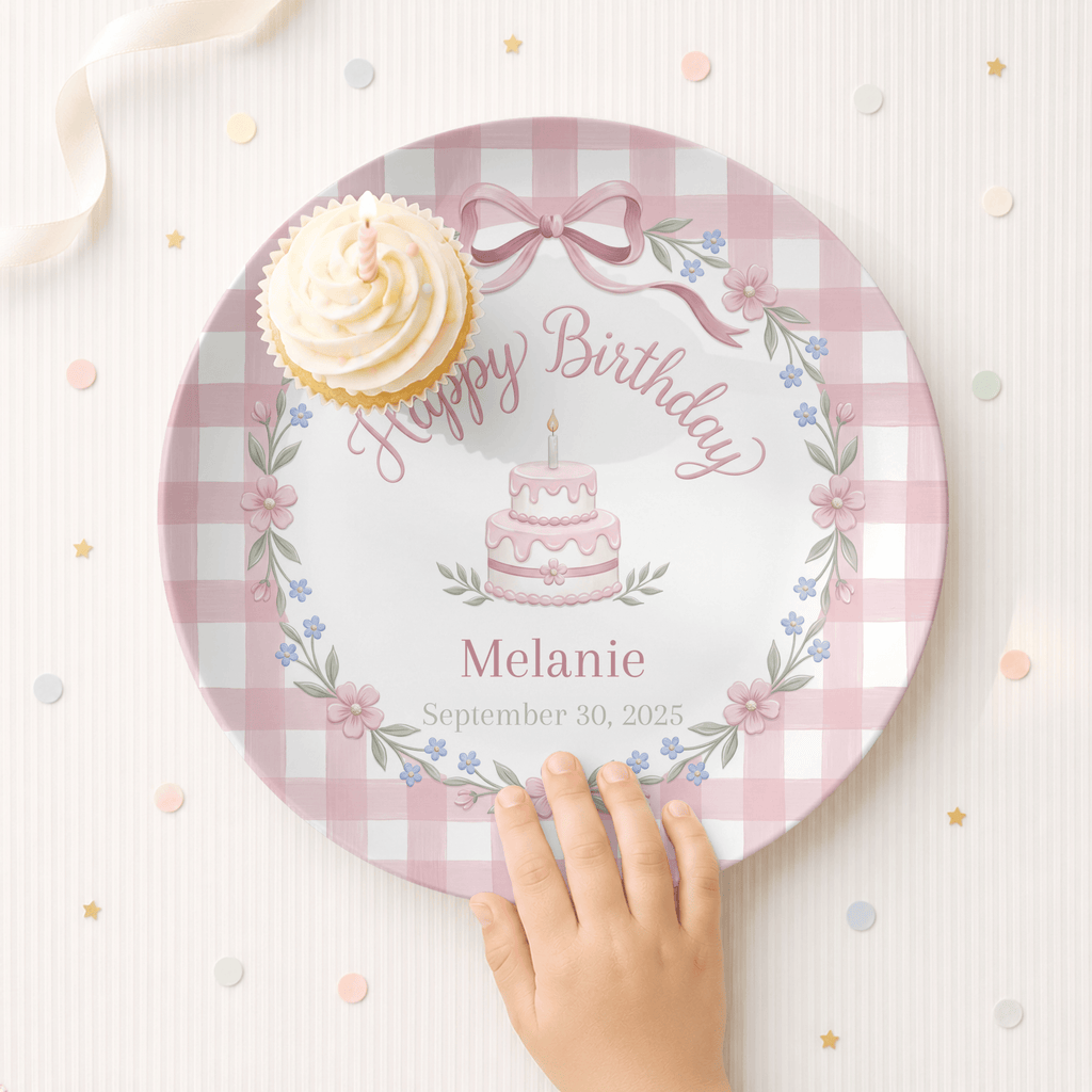 Pink Gingham Bow Birthday Plate by Lil Plate Shop