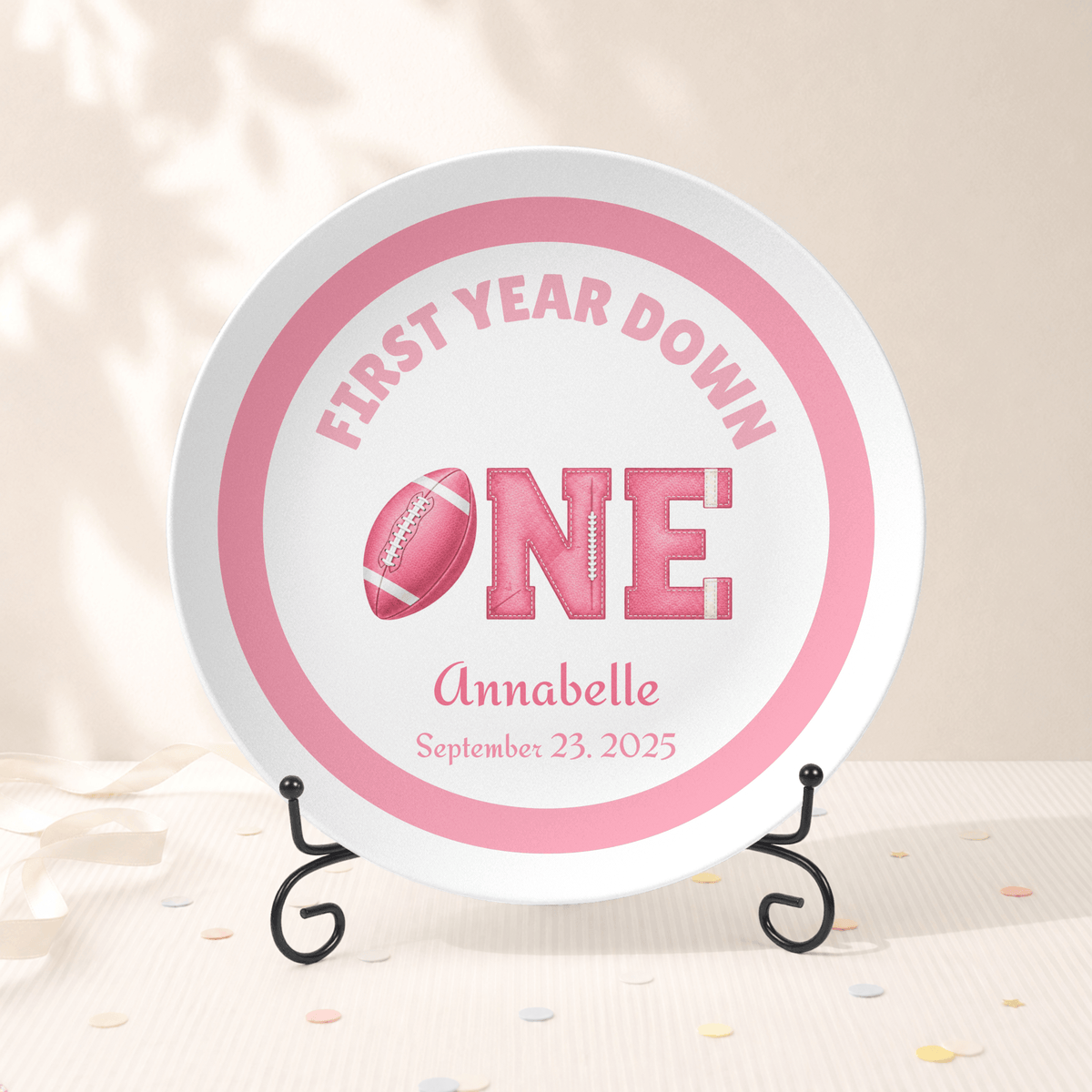 First Year Down Girl's Football Birthday Plate Plate With Stand by Lil Plate Shop