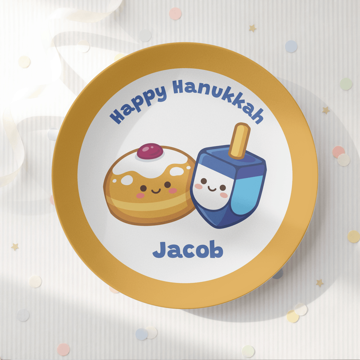 Personalized Hanukkah Plate | Cute Sufganiyah & Dreidel Kids Plate by Lil Plate Shop