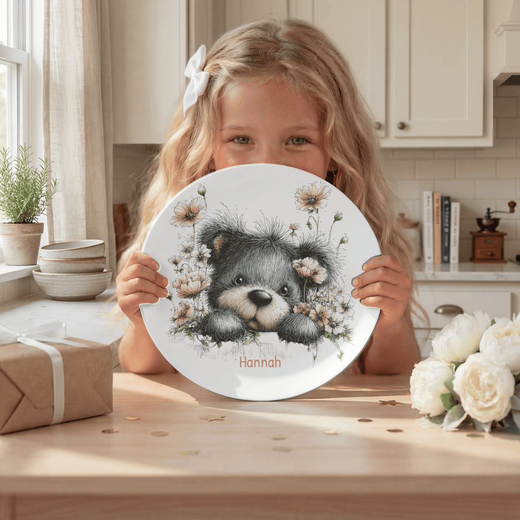 Floral Peeking Bear Plate by Lil Plate Shop