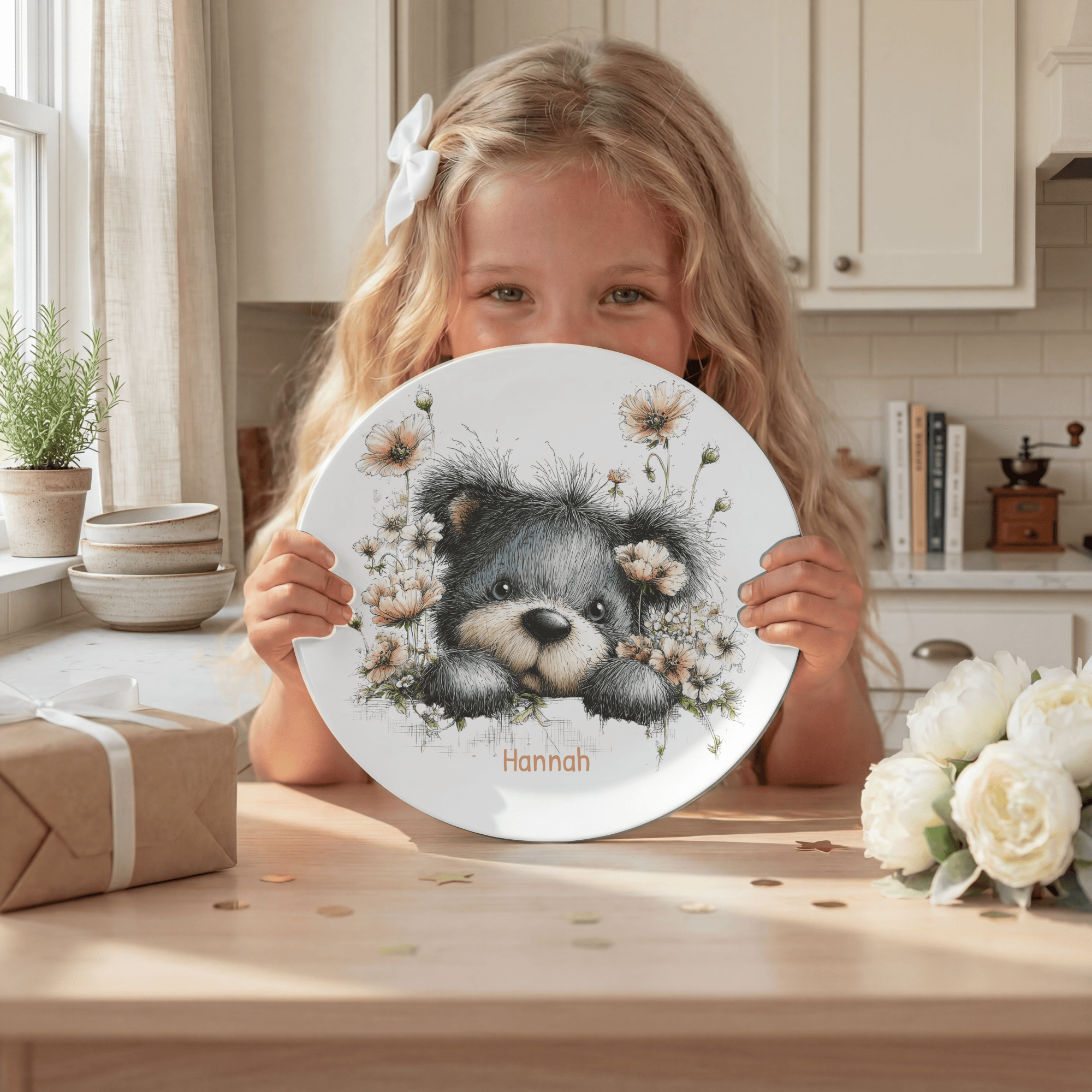 Floral Peeking Bear Plate by Lil Plate Shop