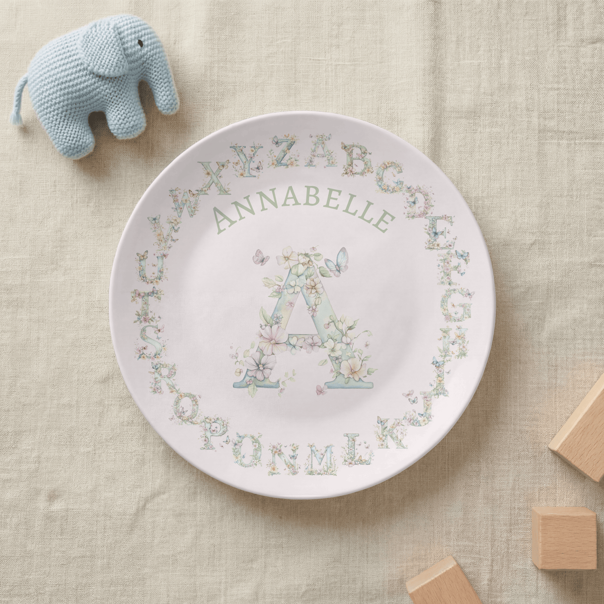 Floral Watercolor Alphabet Plate by Lil Plate Shop