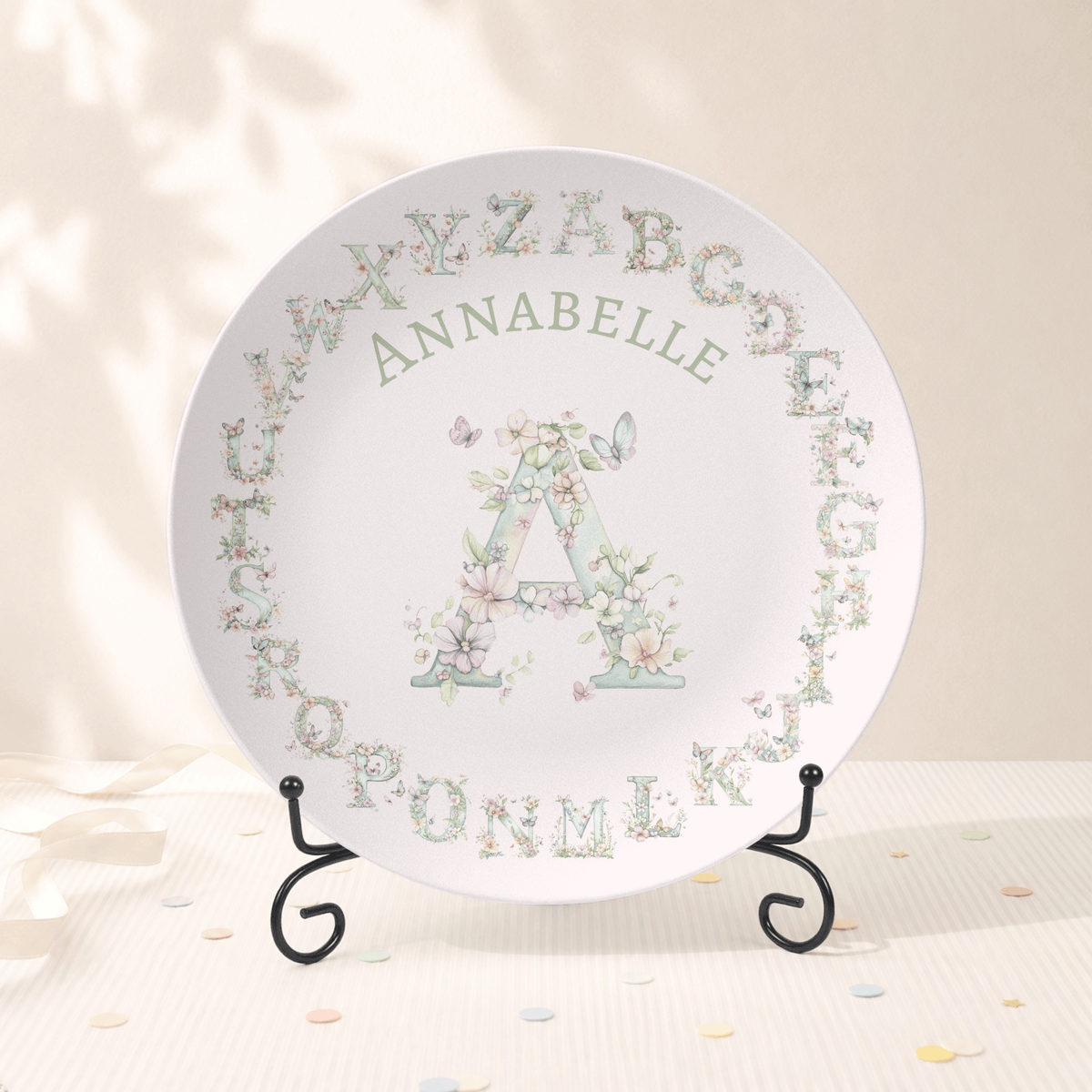 Floral Watercolor Alphabet Plate Plate With Stand by Lil Plate Shop