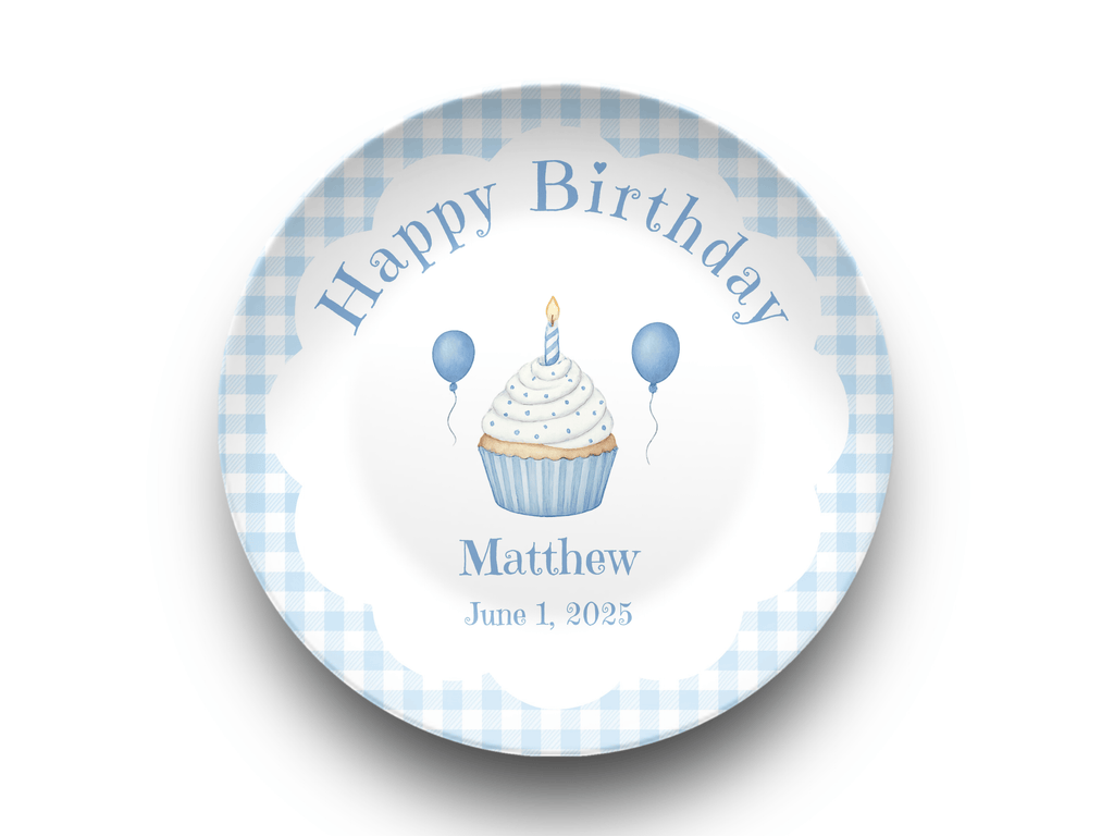 Gingham Birthday Cupcake Plate Blue by Lil Plate Shop