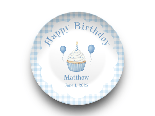Gingham Birthday Cupcake Plate Blue by Lil Plate Shop