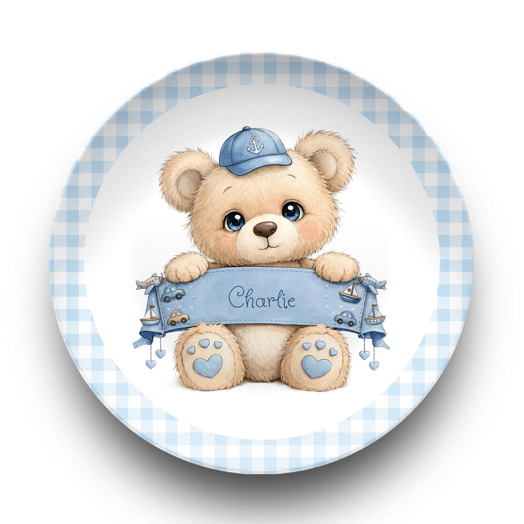 Personalized Blue Boy Teddy Bear Plate Plate / Gingham Border by Lil Plate Shop