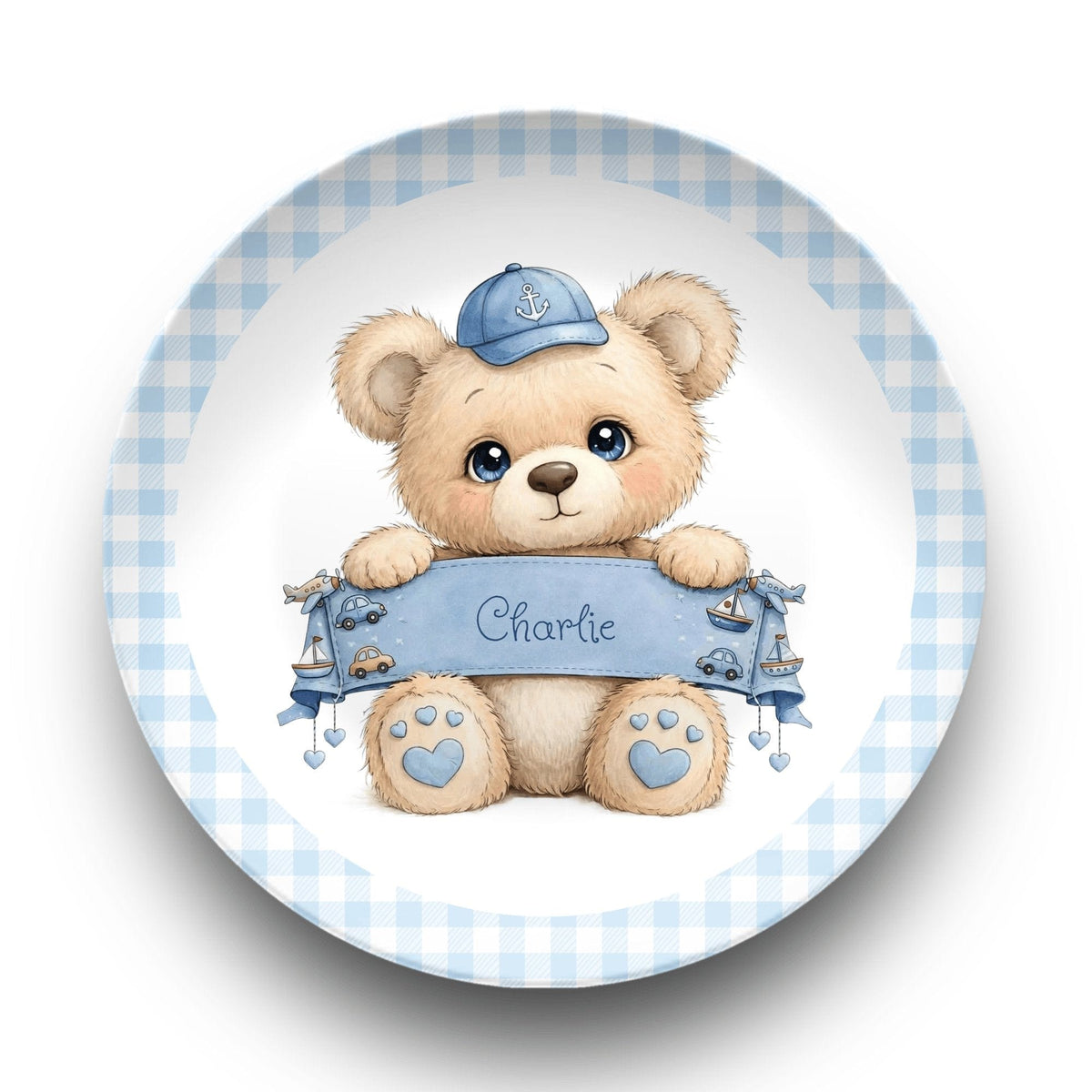 Personalized Blue Boy Teddy Bear Plate Plate / Gingham Border by Lil Plate Shop