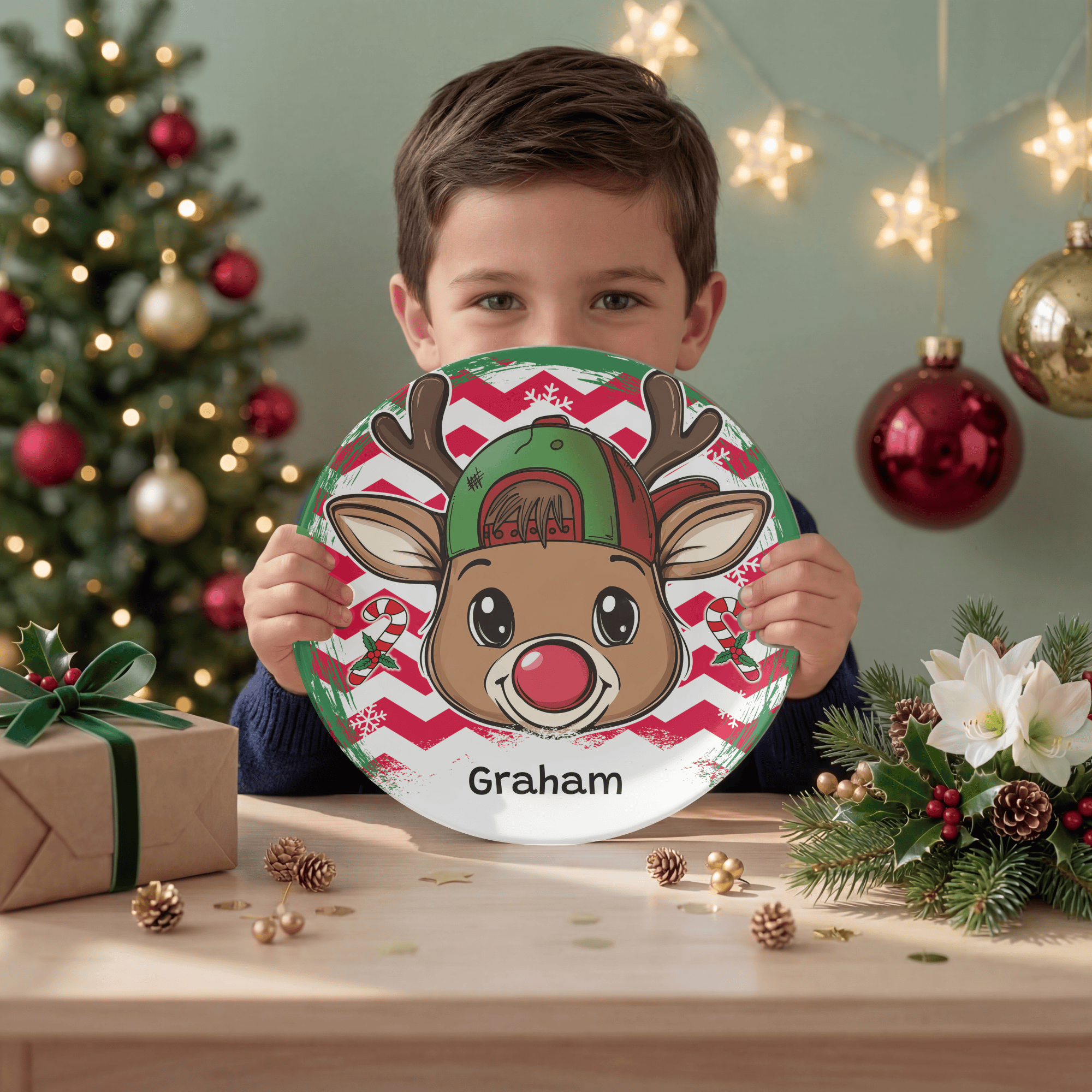 Personalized Boy Cap Reindeer Plate by Lil Plate Shop