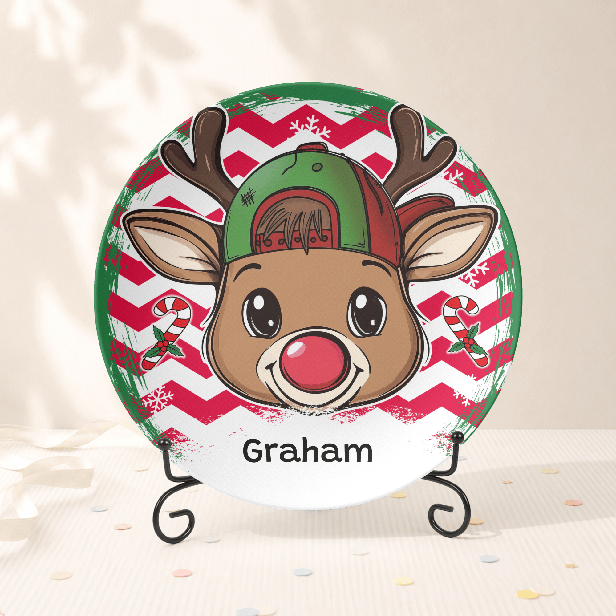 Personalized Boy Cap Reindeer Plate Plate With Stand by Lil Plate Shop