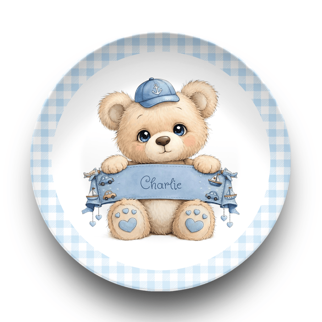 Personalized Boy Teddy Bear Plate Plate / Gingham Border by Lil Plate Shop