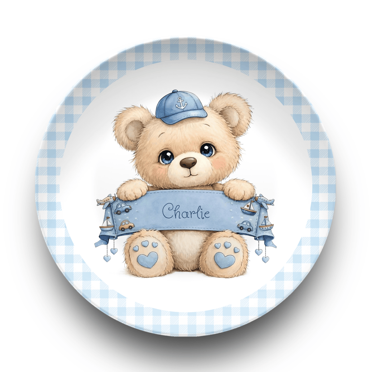 Personalized Boy Teddy Bear Plate Plate / Gingham Border by Lil Plate Shop
