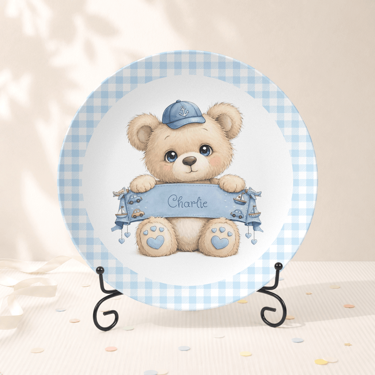 Personalized Boy Teddy Bear Plate Plate With Stand / Gingham Border by Lil Plate Shop