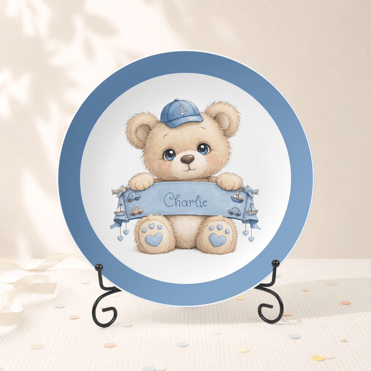 Personalized Boy Teddy Bear Plate Plate With Stand / Solid Border by Lil Plate Shop