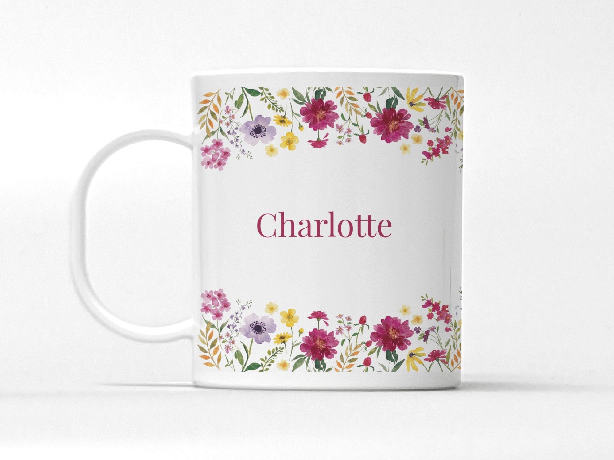 Personalized Burgundy Floral Border Mug by Lil Plate Shop