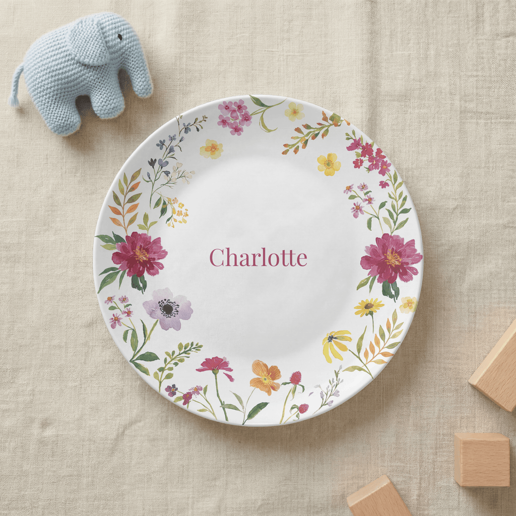 Personalized Burgundy Floral Border Plate by Lil Plate Shop