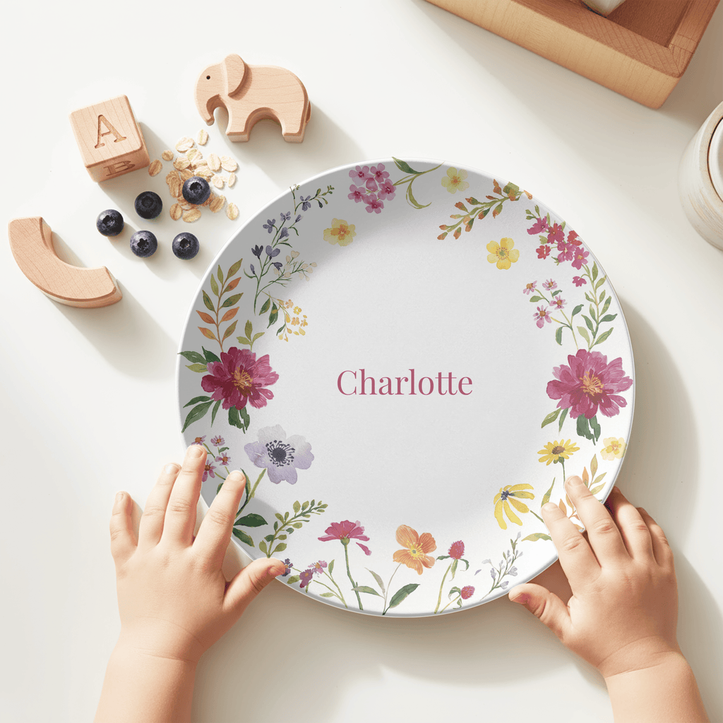 Personalized Burgundy Floral Border Plate by Lil Plate Shop