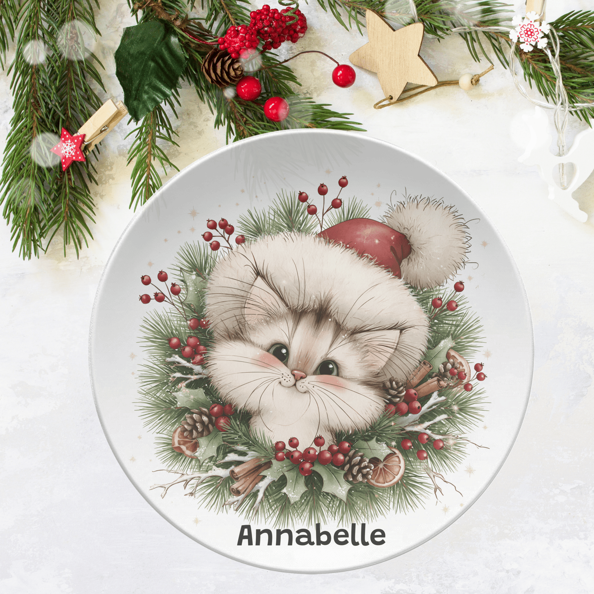 Personalized Christmas Kitten Wreath Plate by Lil Plate Shop