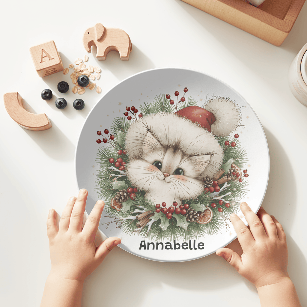 Personalized Christmas Kitten Wreath Plate by Lil Plate Shop