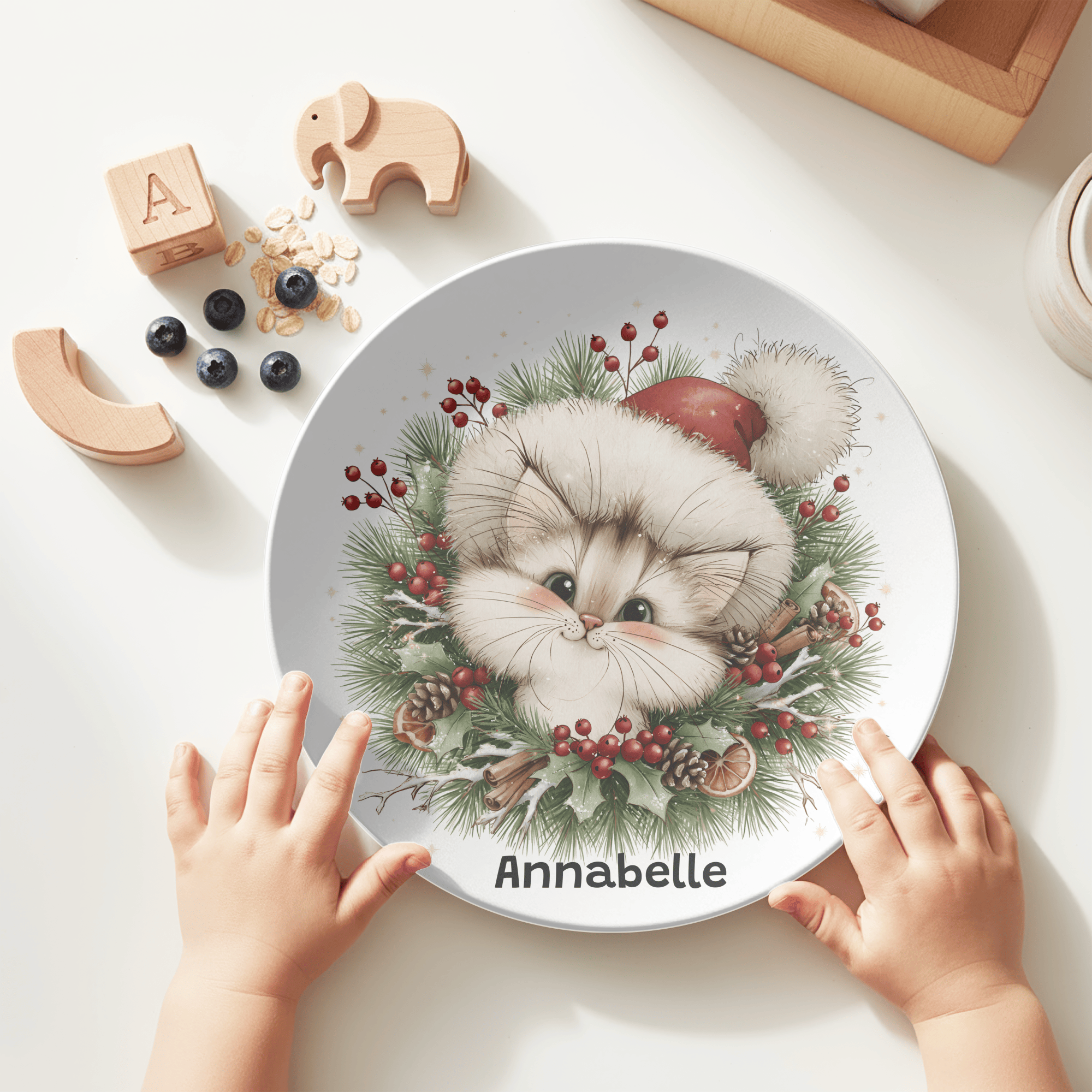 Personalized Christmas Kitten Wreath Plate by Lil Plate Shop