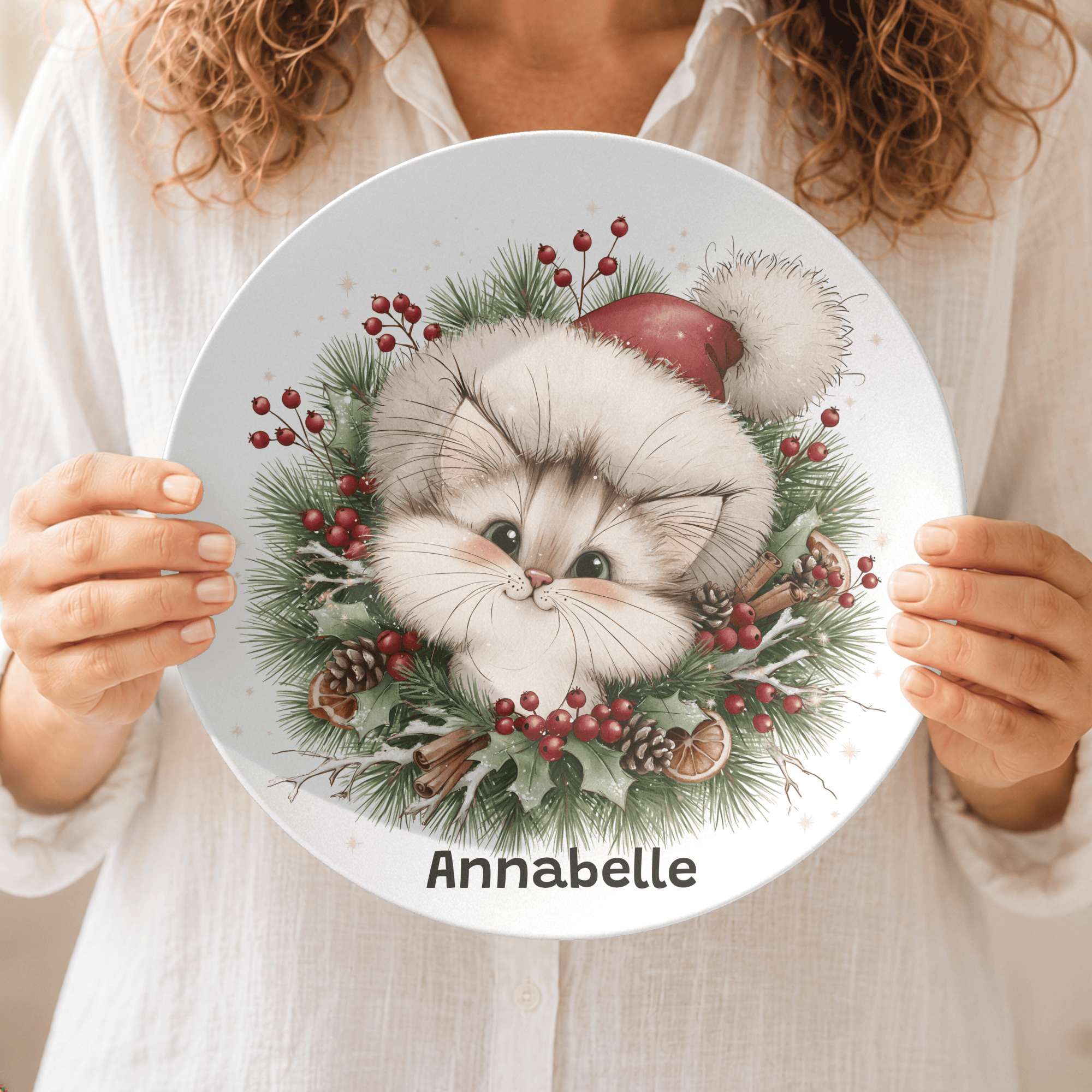 Personalized Christmas Kitten Wreath Plate by Lil Plate Shop