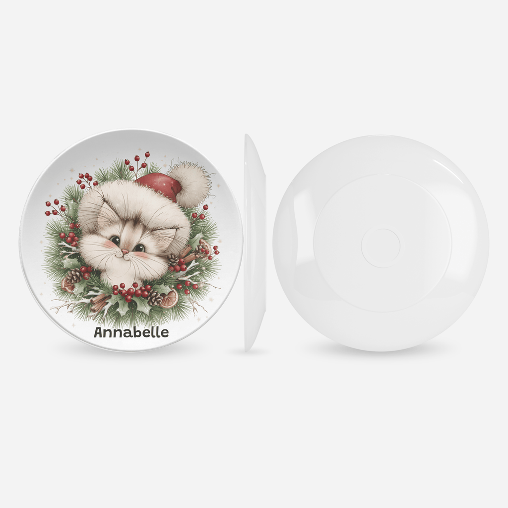 Personalized Christmas Kitten Wreath Plate by Lil Plate Shop