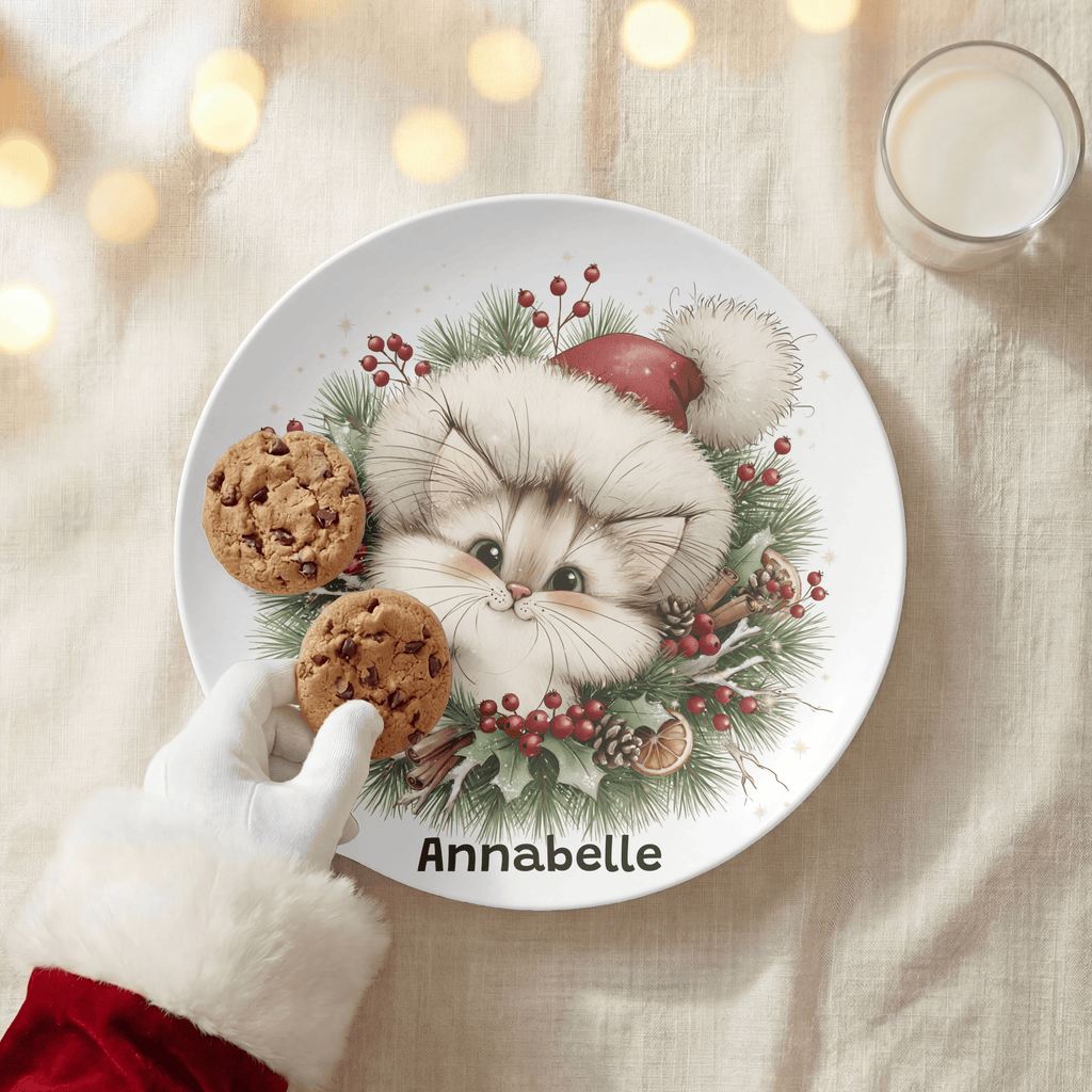 Personalized Christmas Kitten Wreath Plate by Lil Plate Shop