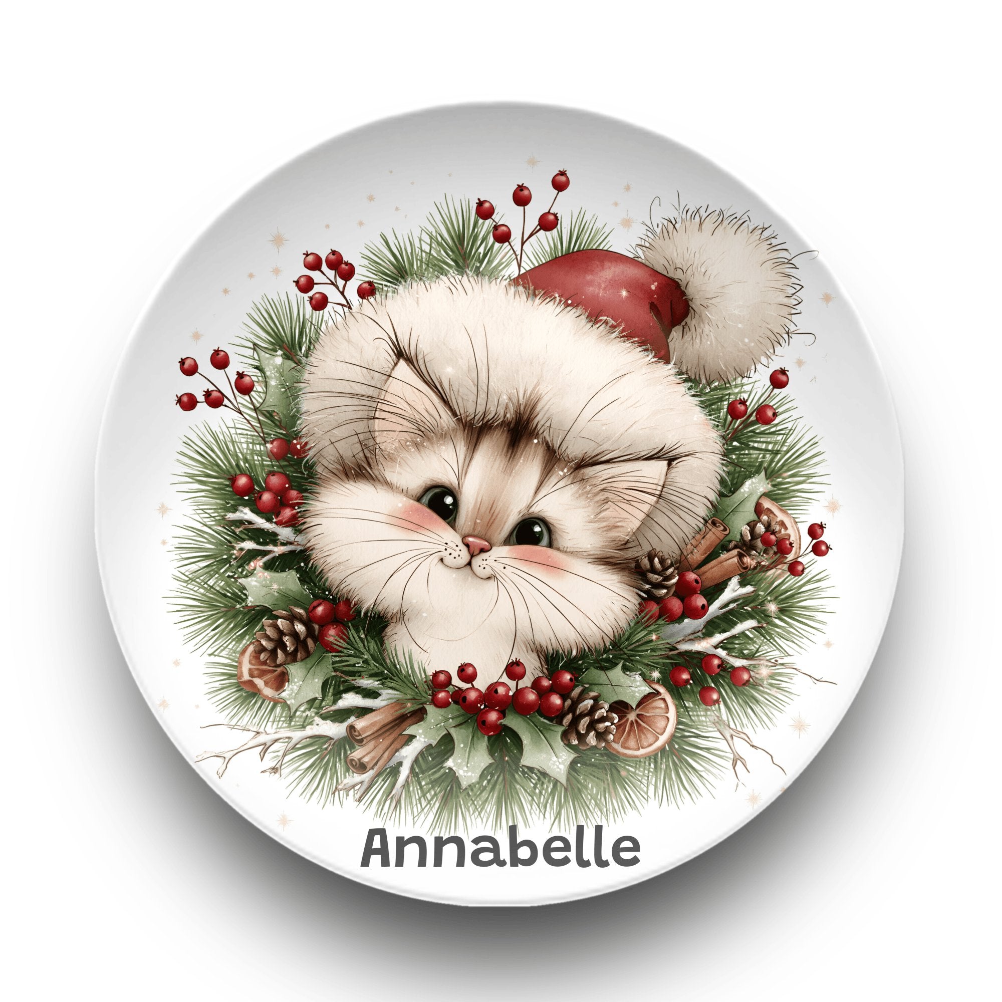 Personalized Christmas Kitten Wreath Plate Plate by Lil Plate Shop