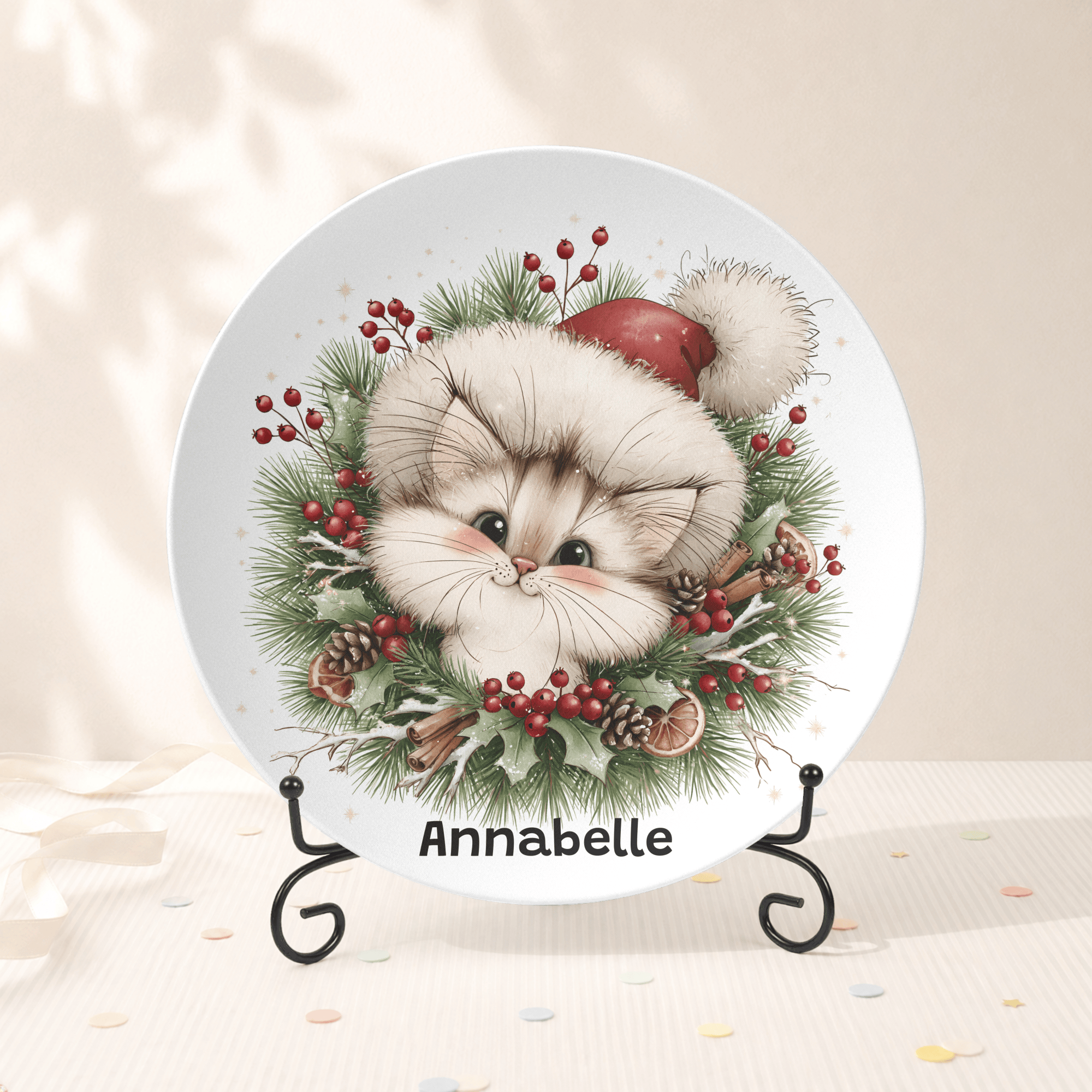Personalized Christmas Kitten Wreath Plate Plate With Stand by Lil Plate Shop