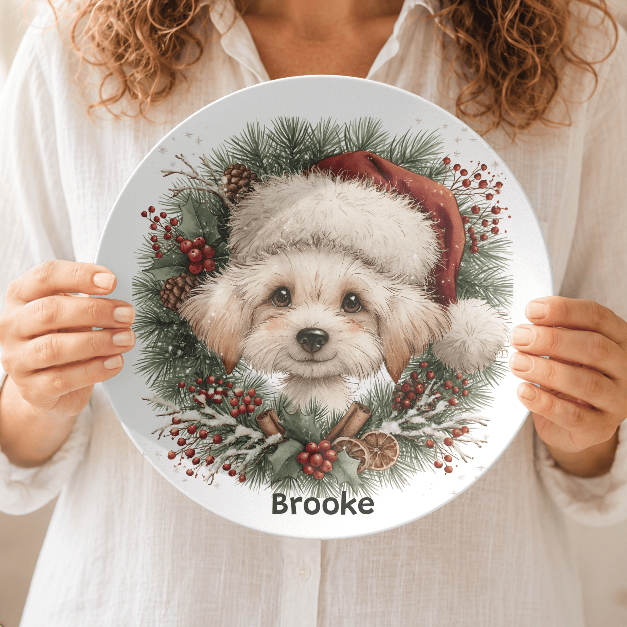 Personalized Christmas Puppy Wreath Plate by Lil Plate Shop