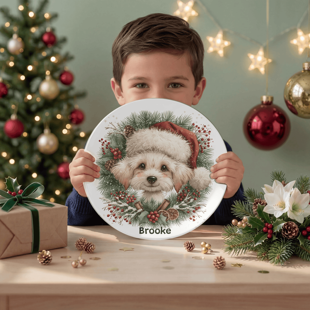 Personalized Christmas Puppy Wreath Plate by Lil Plate Shop
