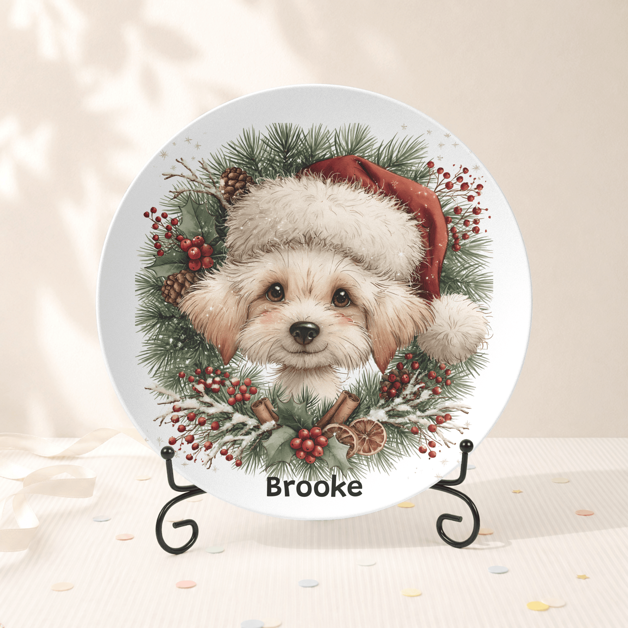 Personalized Christmas Puppy Wreath Plate Plate With Stand by Lil Plate Shop