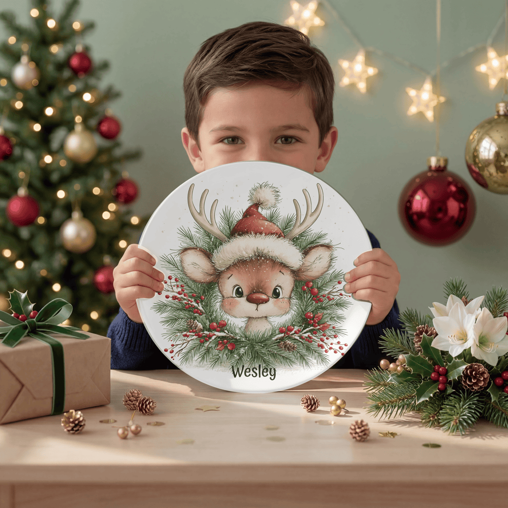 Personalized Christmas Reindeer Wreath Plate by Lil Plate Shop