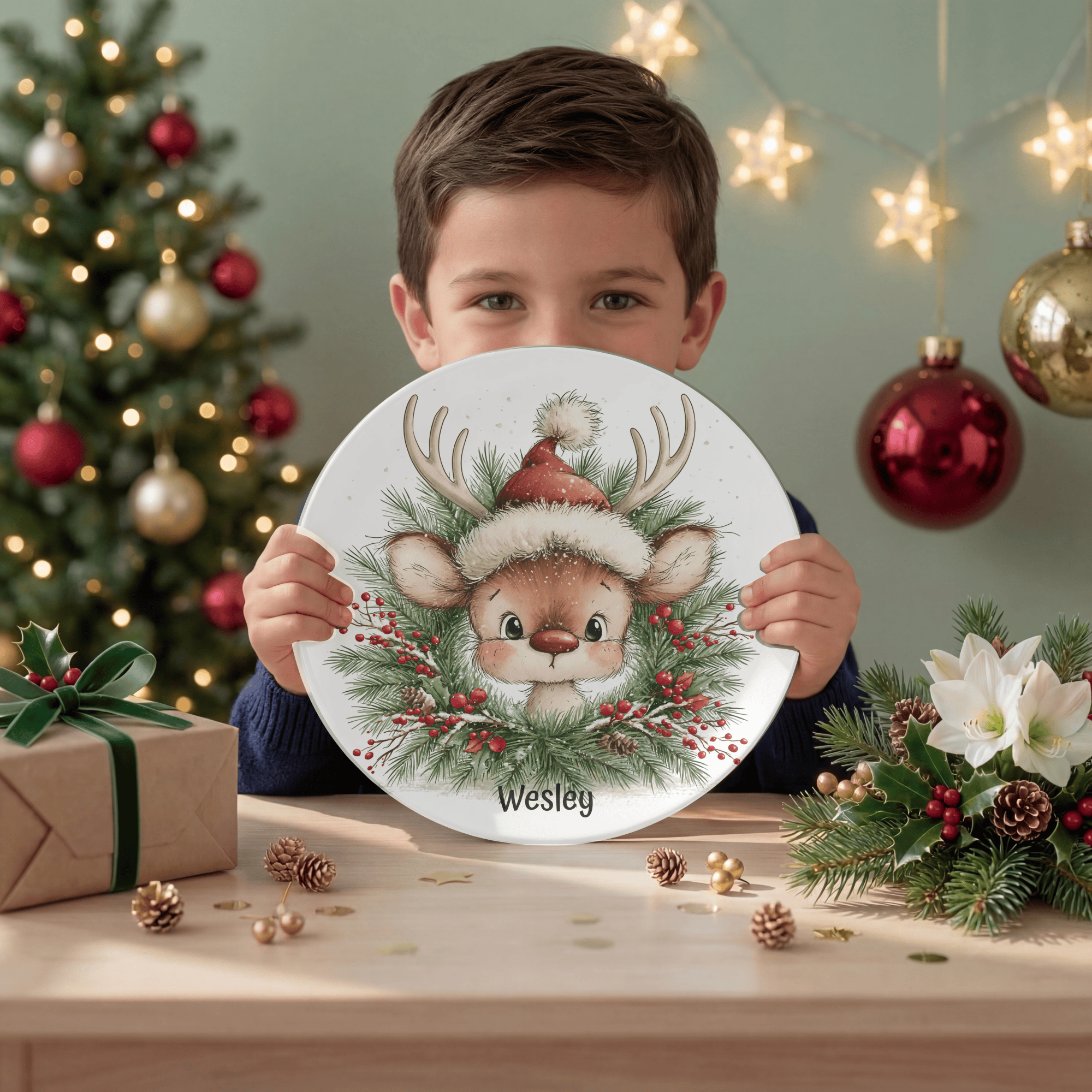 Personalized Christmas Reindeer Wreath Plate by Lil Plate Shop