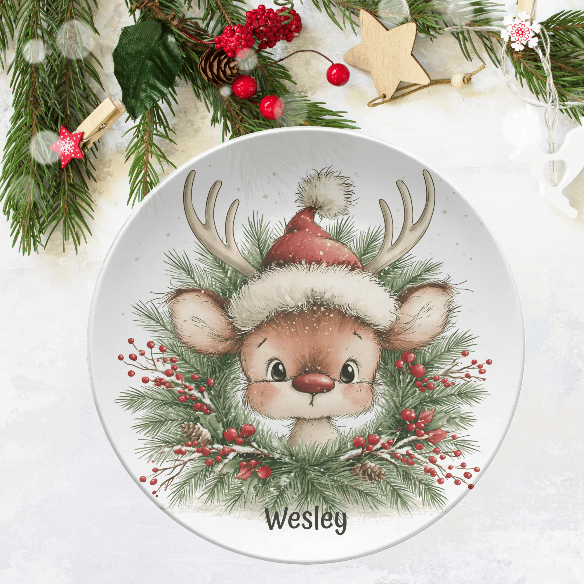 Personalized Christmas Reindeer Wreath Plate by Lil Plate Shop