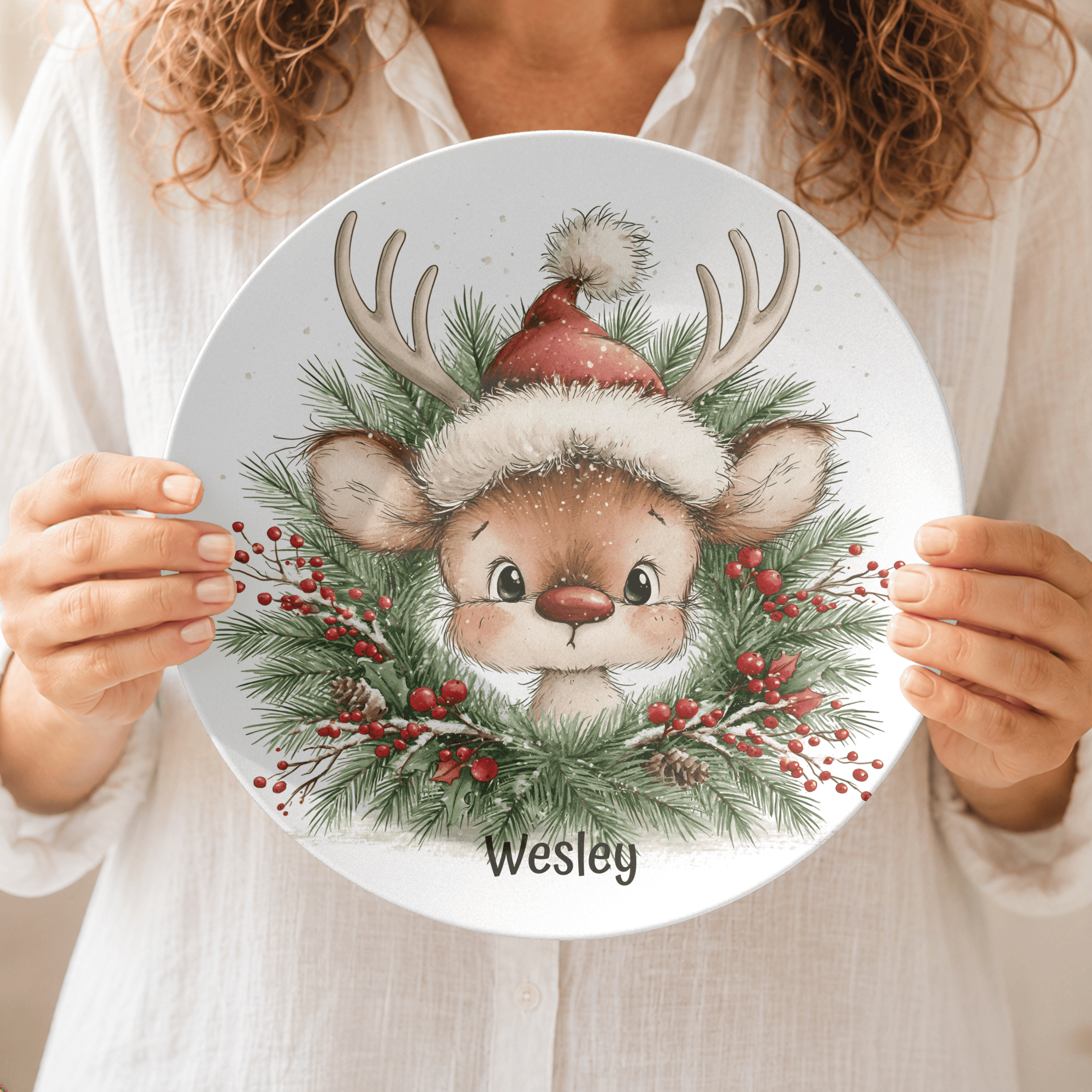 Personalized Christmas Reindeer Wreath Plate by Lil Plate Shop