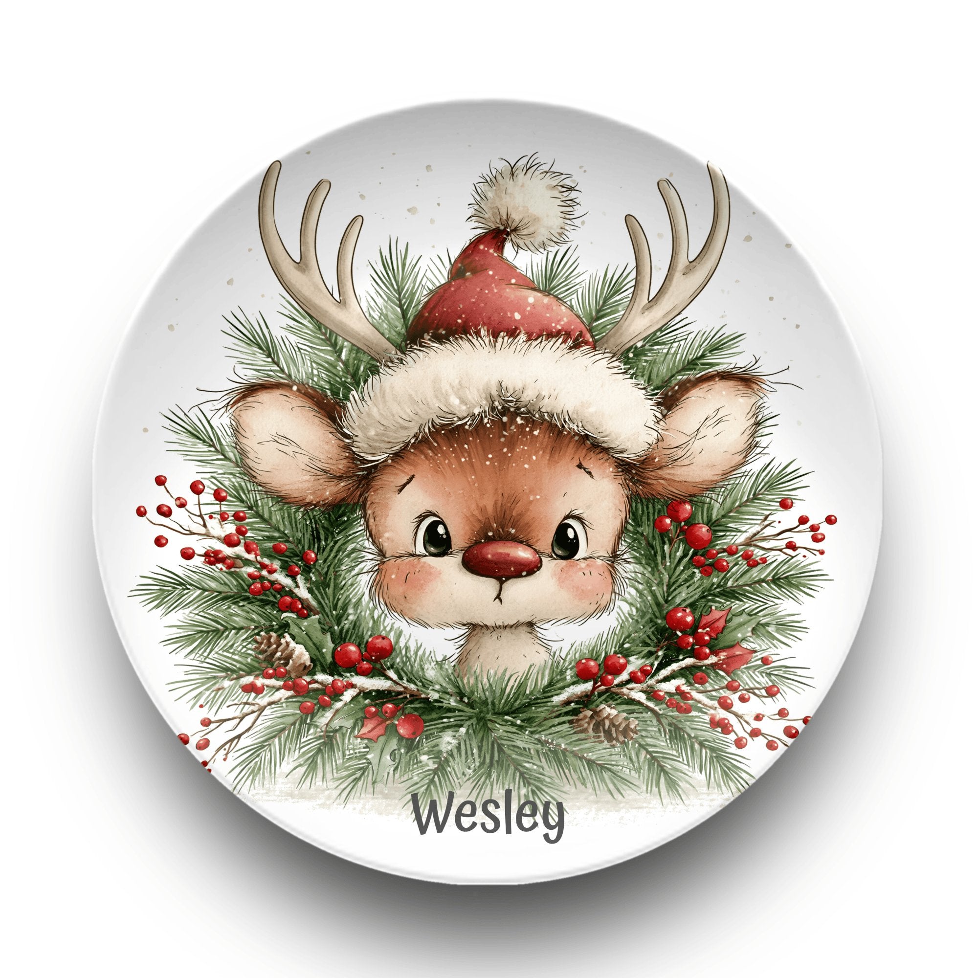 Personalized Christmas Reindeer Wreath Plate by Lil Plate Shop