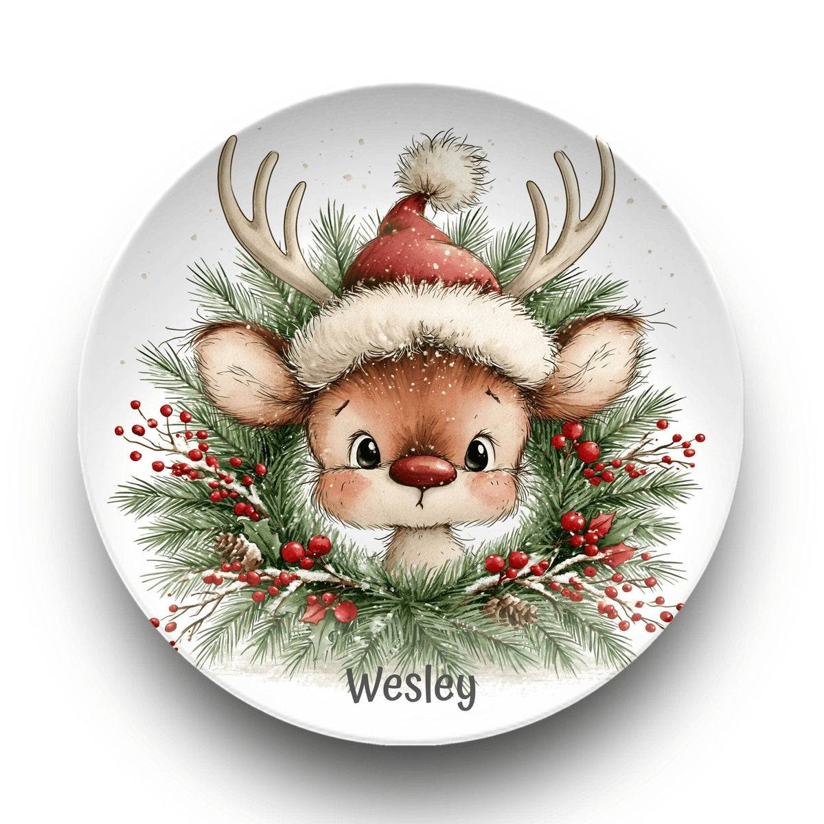 Personalized Christmas Reindeer Wreath Plate by Lil Plate Shop