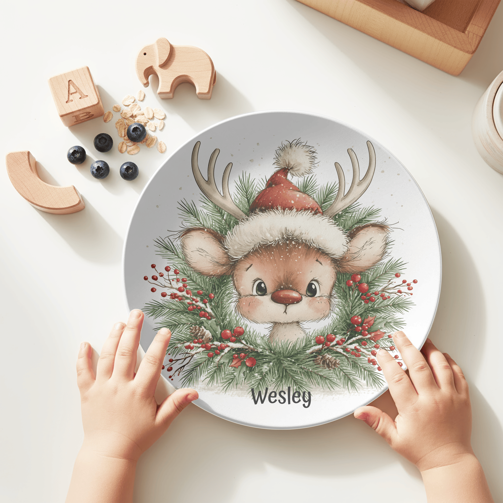 Personalized Christmas Reindeer Wreath Plate Plate by Lil Plate Shop