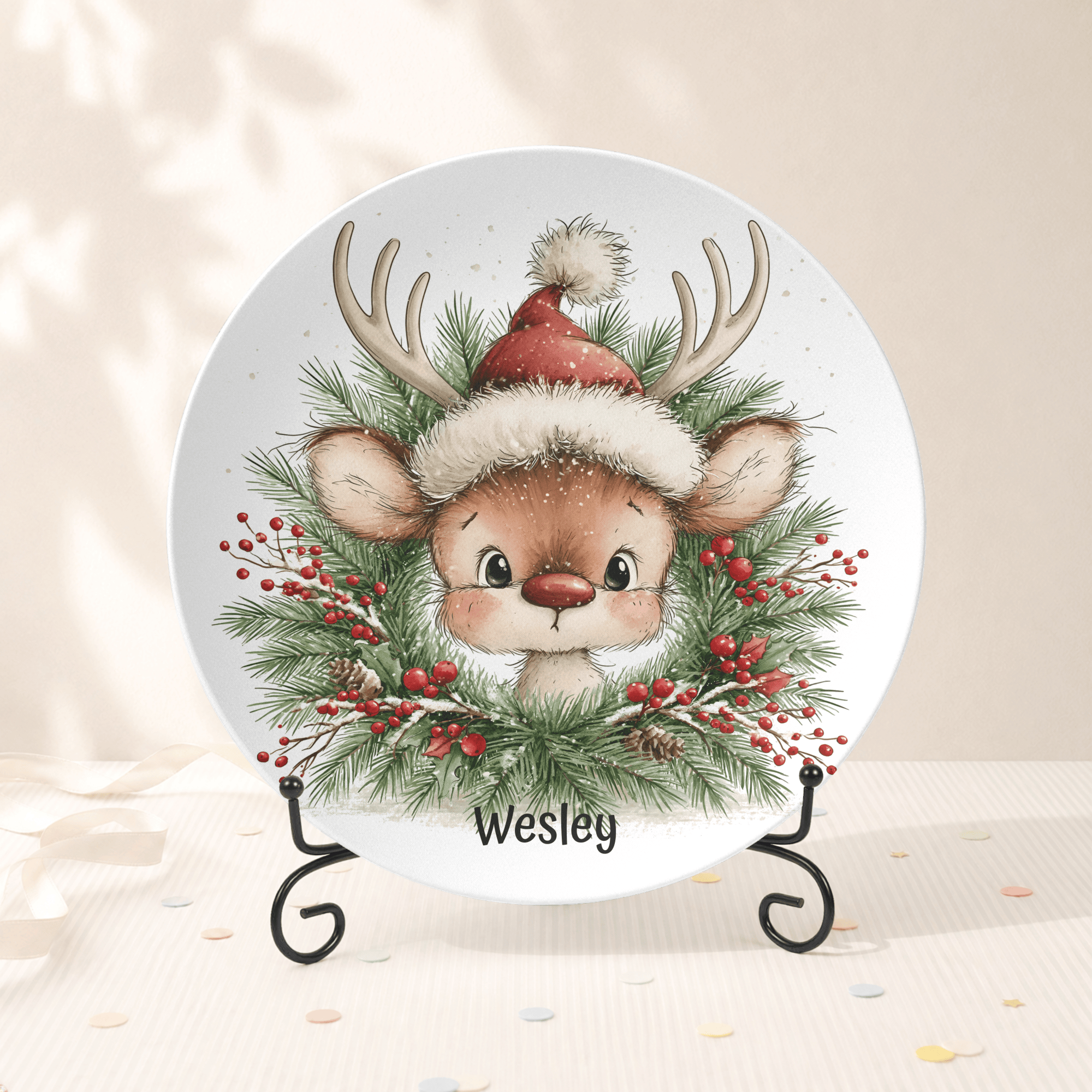 Personalized Christmas Reindeer Wreath Plate Plate With Stand by Lil Plate Shop
